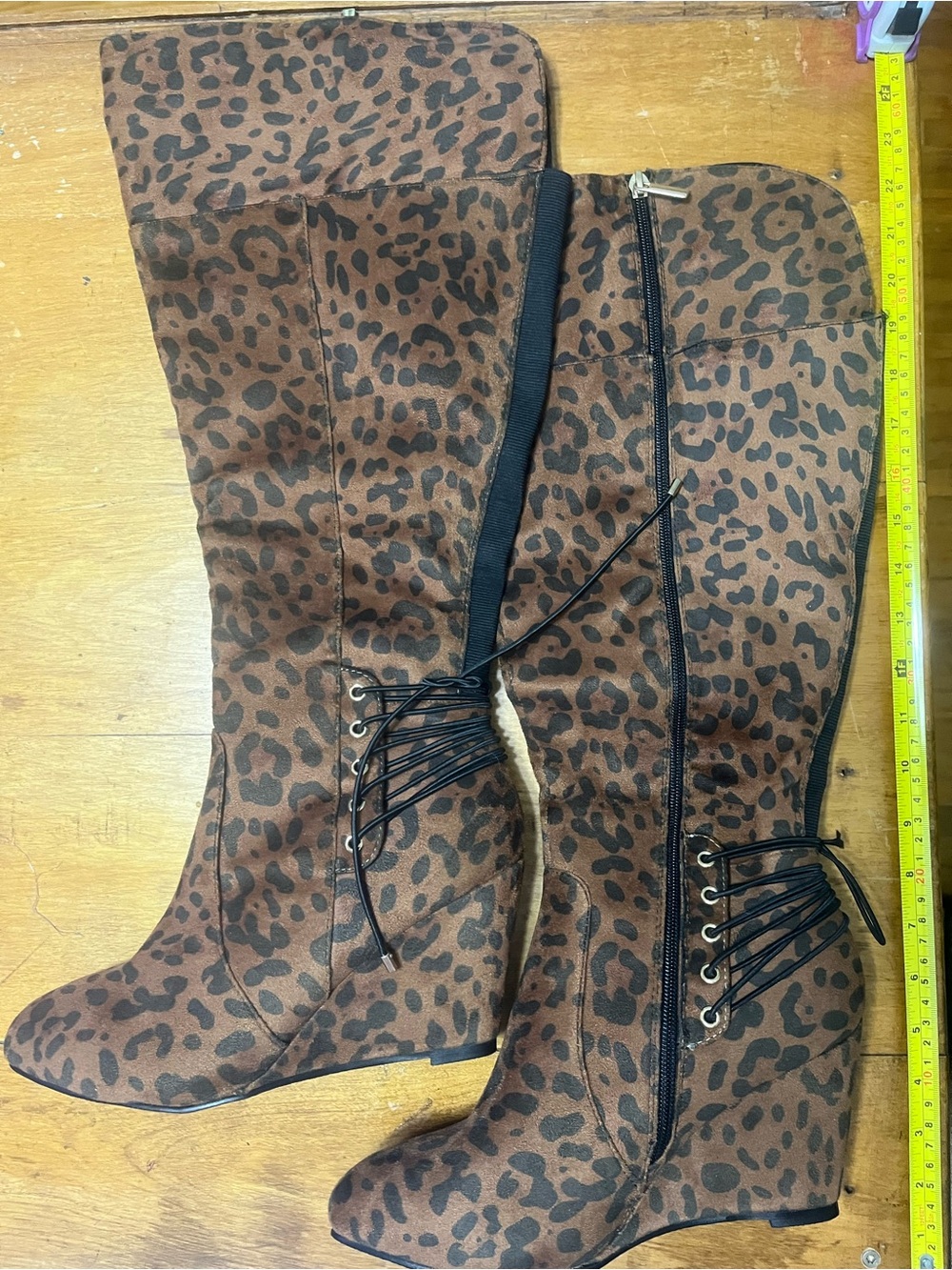 Leopard-Print Wedge Knee-High Boots - Brown